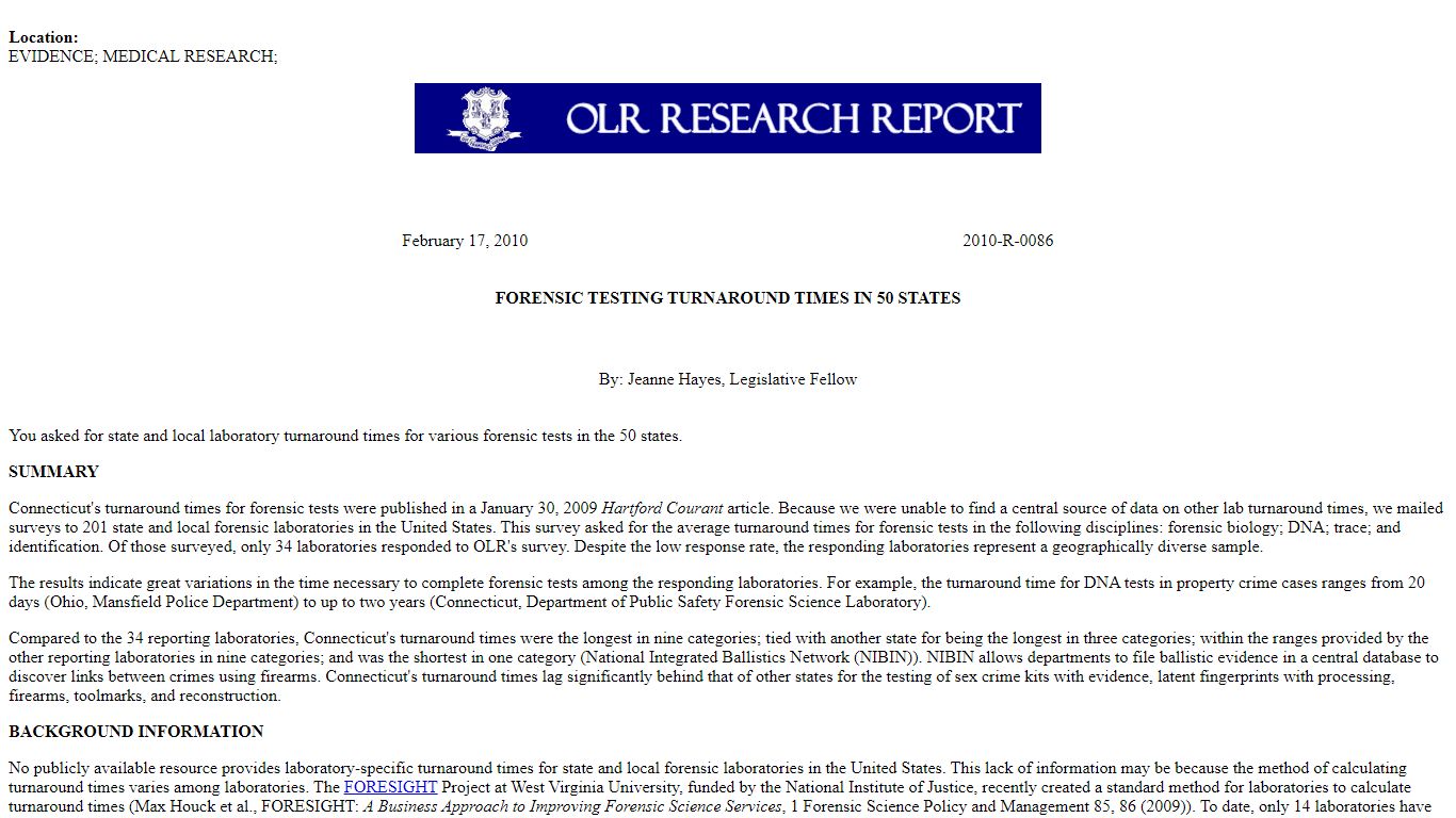 FORENSIC TESTING TURNAROUND TIMES IN 50 STATES